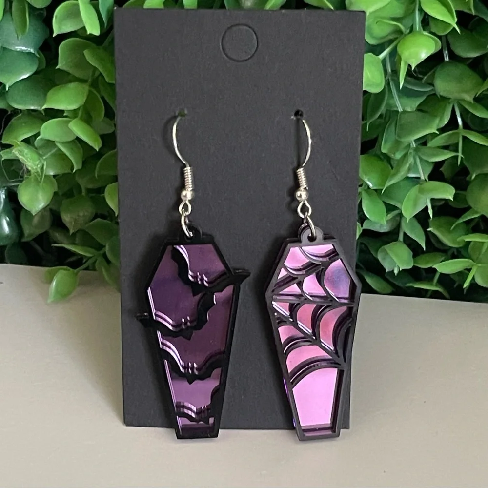 Coffin Bats and Webs Dangling Earrings Halloween purple and black NEW